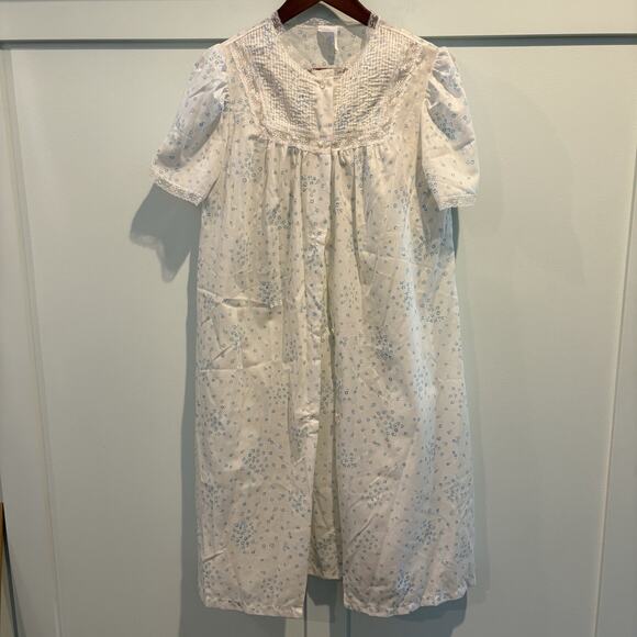 True Vintage 70s Sears Nightgown & Robe Set Medium White Blue Bloom USA Union